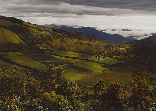 Barevná mozaika políček v horách ecuadorské Sierry