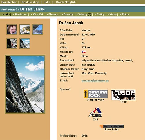 Hlavní stránka profilu lezce. Přes menu se dá dostat na rozhovor, <br>otázky a odpovědi, nejlepší cesty a další údaje.