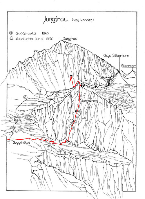 Severní stěna Jungfrau a Schneehornu, kresba Michal Coubal