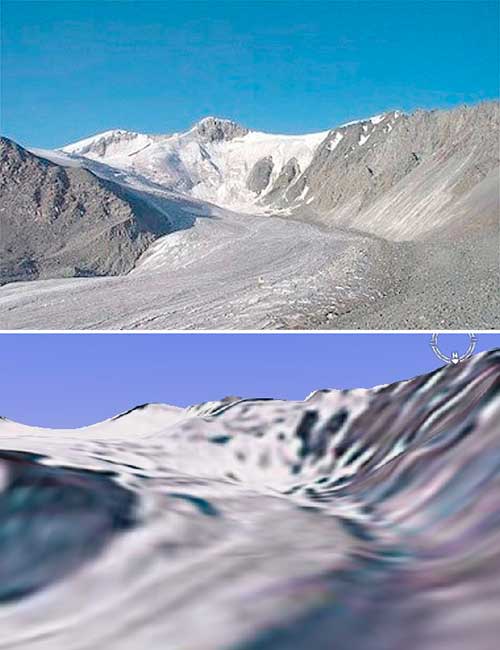 Porovnání snímku zveřejněného expedicí Altaj Cimrman s vizualizací v Google Earth