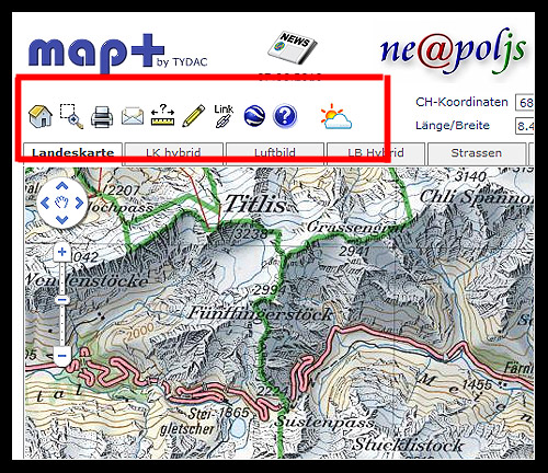 Paleta nástrojů v aplikaci mapplus.ch