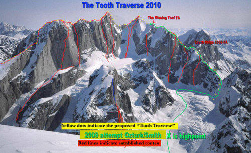 Tooth Traverse vede zleva doprava přes šest vrcholů.