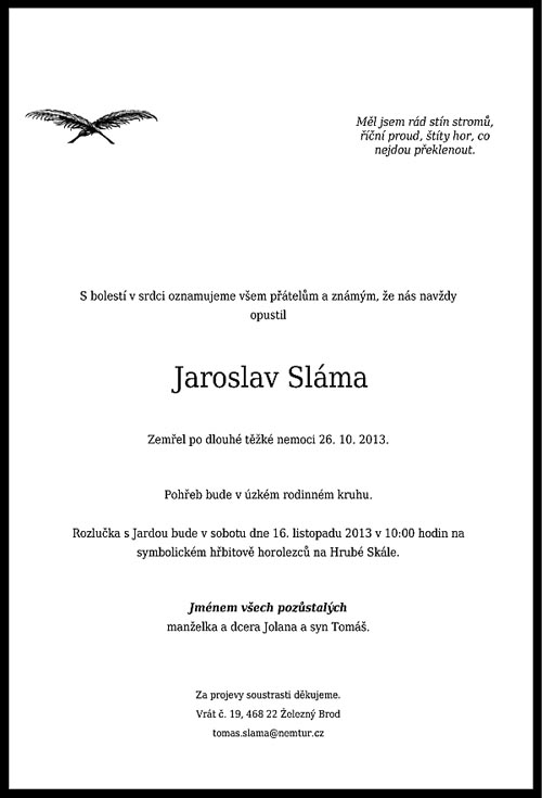 Jaroslav Sláma úmrtní oznámení