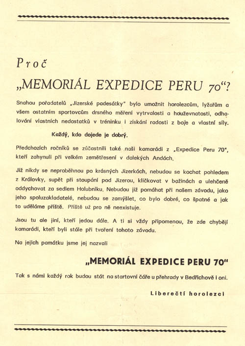 Memoriál Expedice Peru, zadní strana propozic